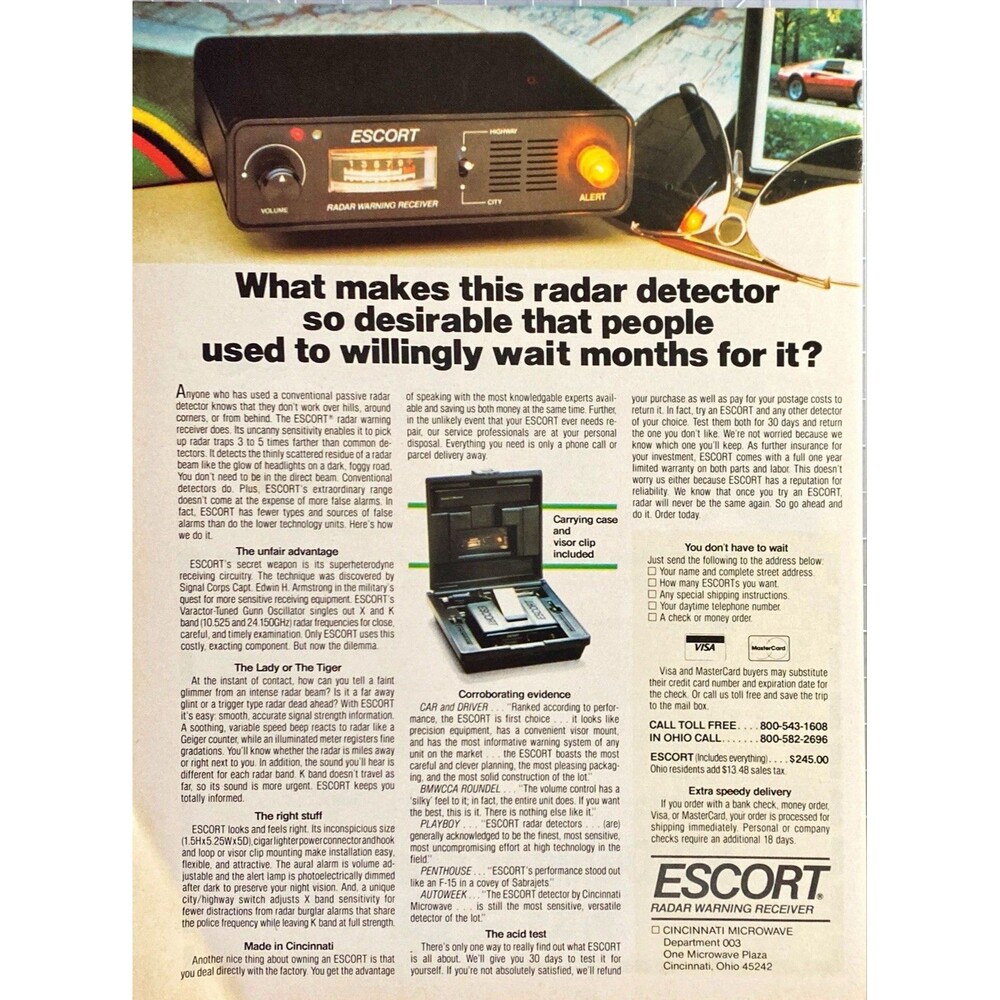 ESCORT Radar Detector "People Will Wait Months For It" Vintage Print Ad 1982